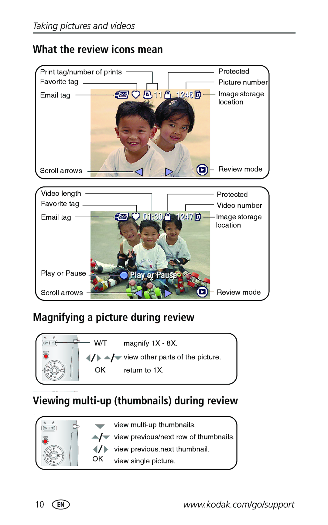 Kodak Z740 manual What the review icons mean, Magnifying a picture during review, Viewing multi-up thumbnails during review 