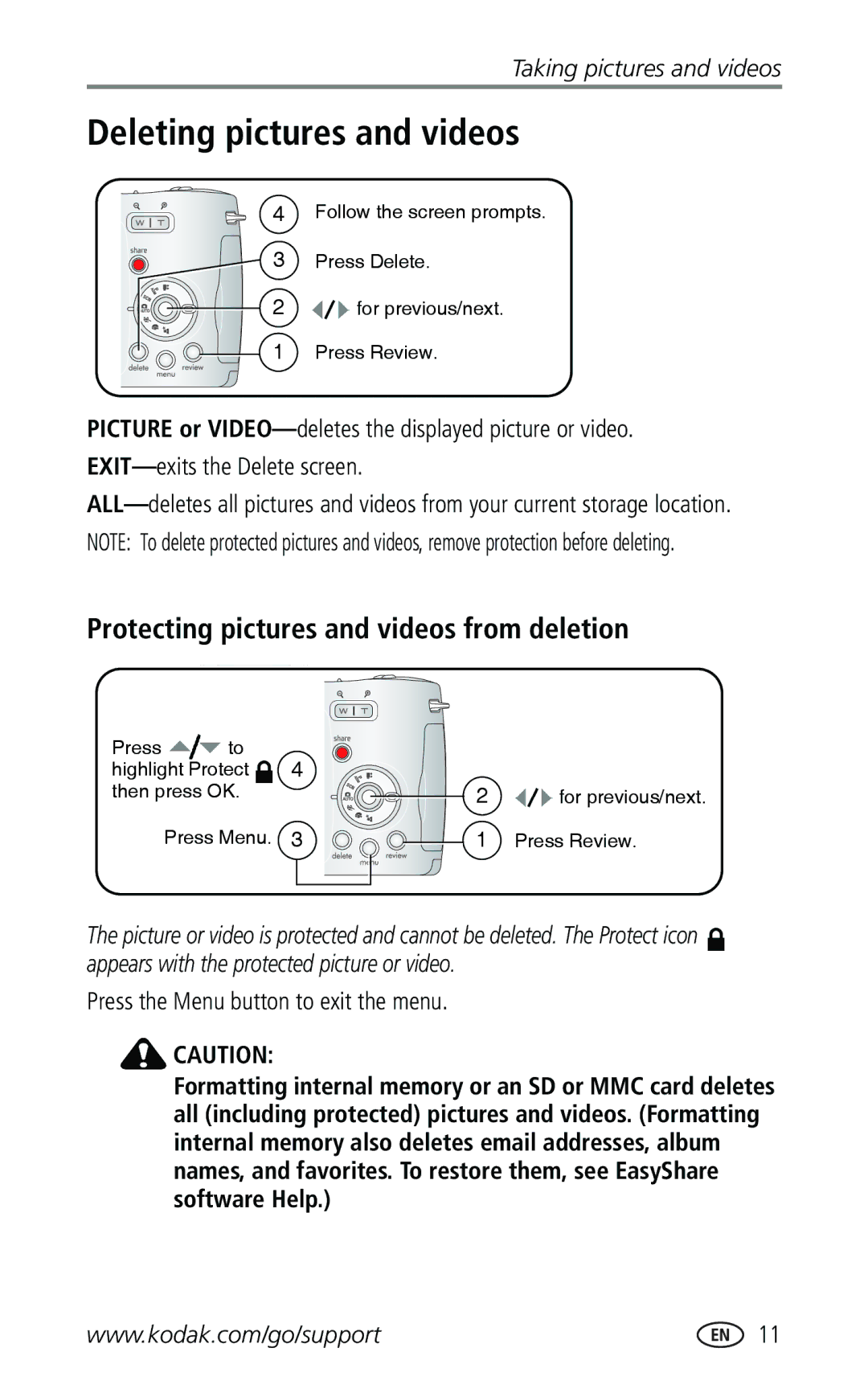 Kodak Z740 manual Deleting pictures and videos, Protecting pictures and videos from deletion 