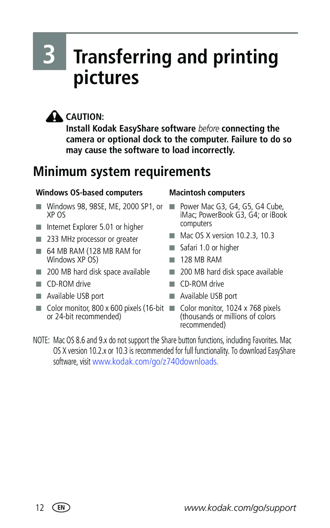 Kodak Z740 manual Minimum system requirements, Windows OS-based computers, CD-ROM drive Available USB port 