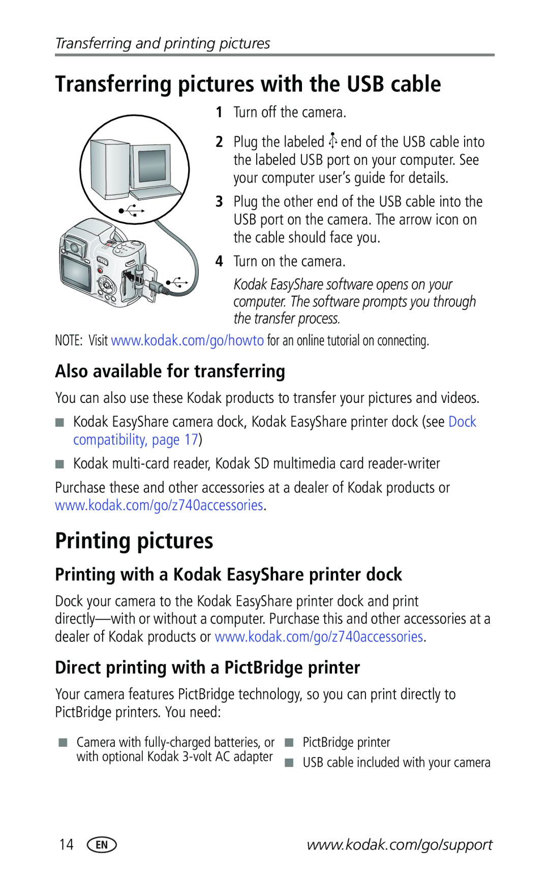 Kodak Z740 manual Transferring pictures with the USB cable, Printing pictures, Also available for transferring 