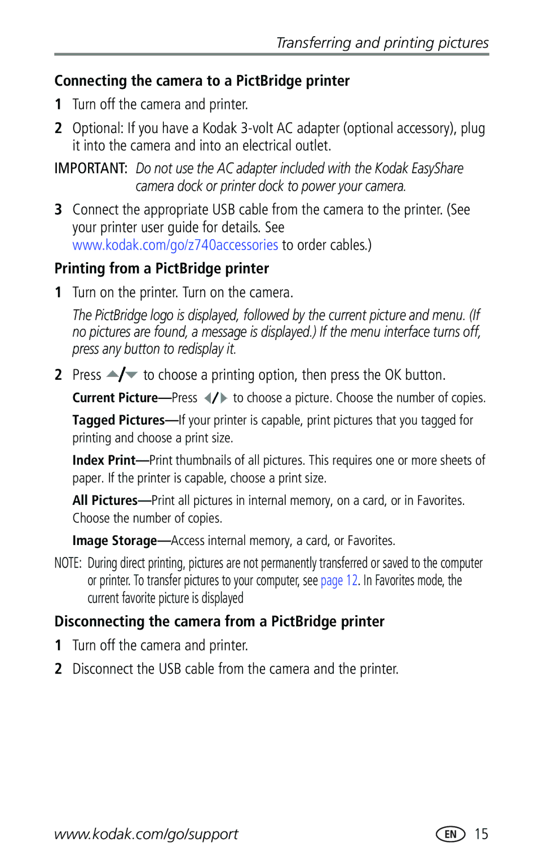 Kodak Z740 manual Connecting the camera to a PictBridge printer, Printing from a PictBridge printer 