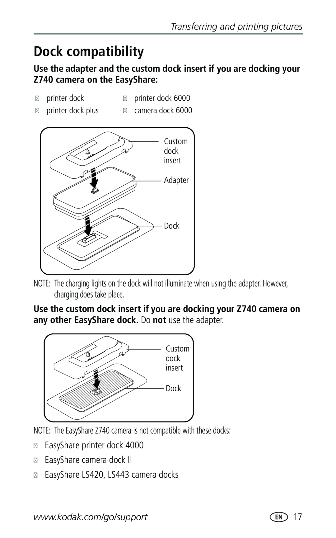 Kodak manual Dock compatibility, Z740 camera on the EasyShare, Adapter Dock 