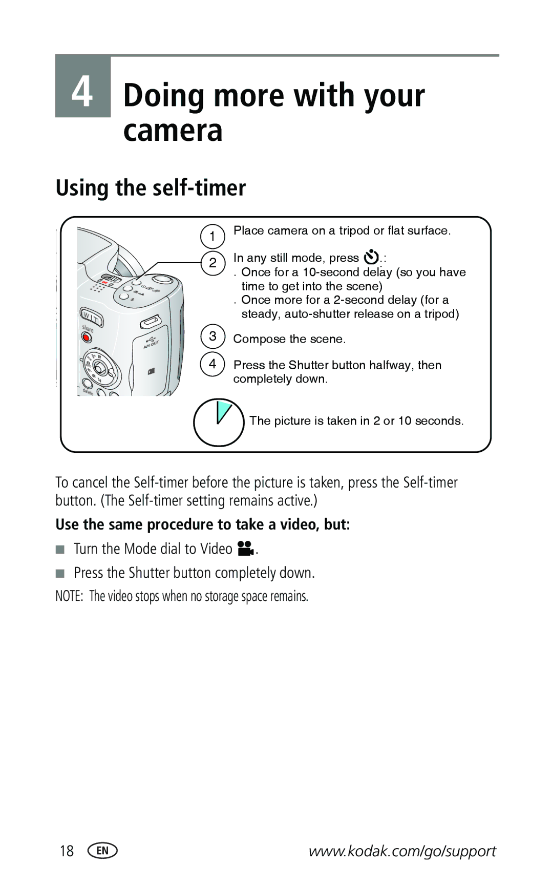 Kodak Z740 manual Using the self-timer, Use the same procedure to take a video, but, Turn the Mode dial to Video 