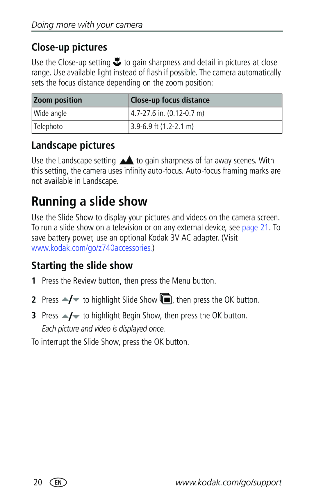 Kodak Z740 manual Running a slide show, Close-up pictures, Landscape pictures, Starting the slide show 