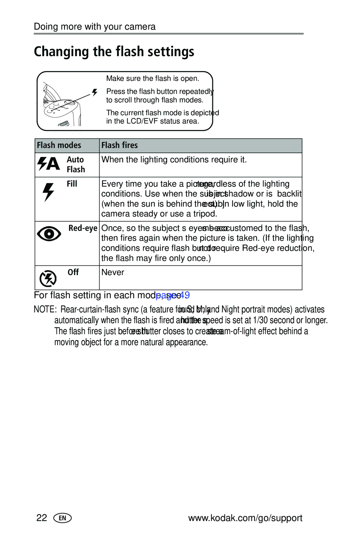 Kodak Z740 Changing the flash settings, For flash setting in each mode, see, Flash modes Flash fires Auto, Flash Fill, Off 