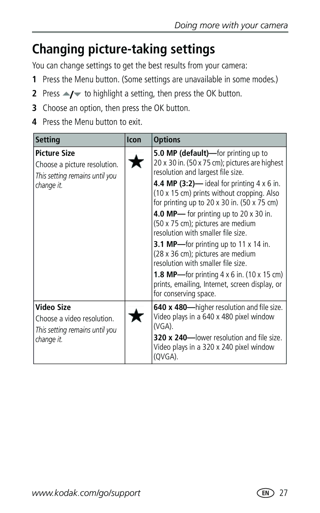 Kodak Z740 manual Changing picture-taking settings, Setting Icon Options Picture Size, Video Size 