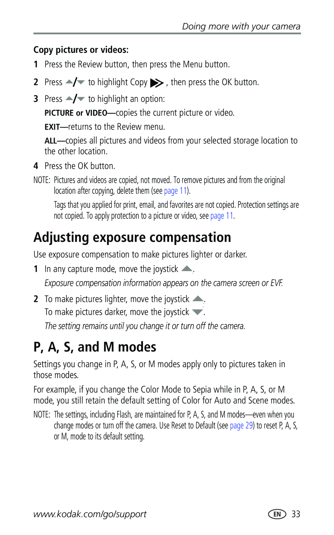 Kodak Z740 manual Adjusting exposure compensation, S, and M modes, Copy pictures or videos 