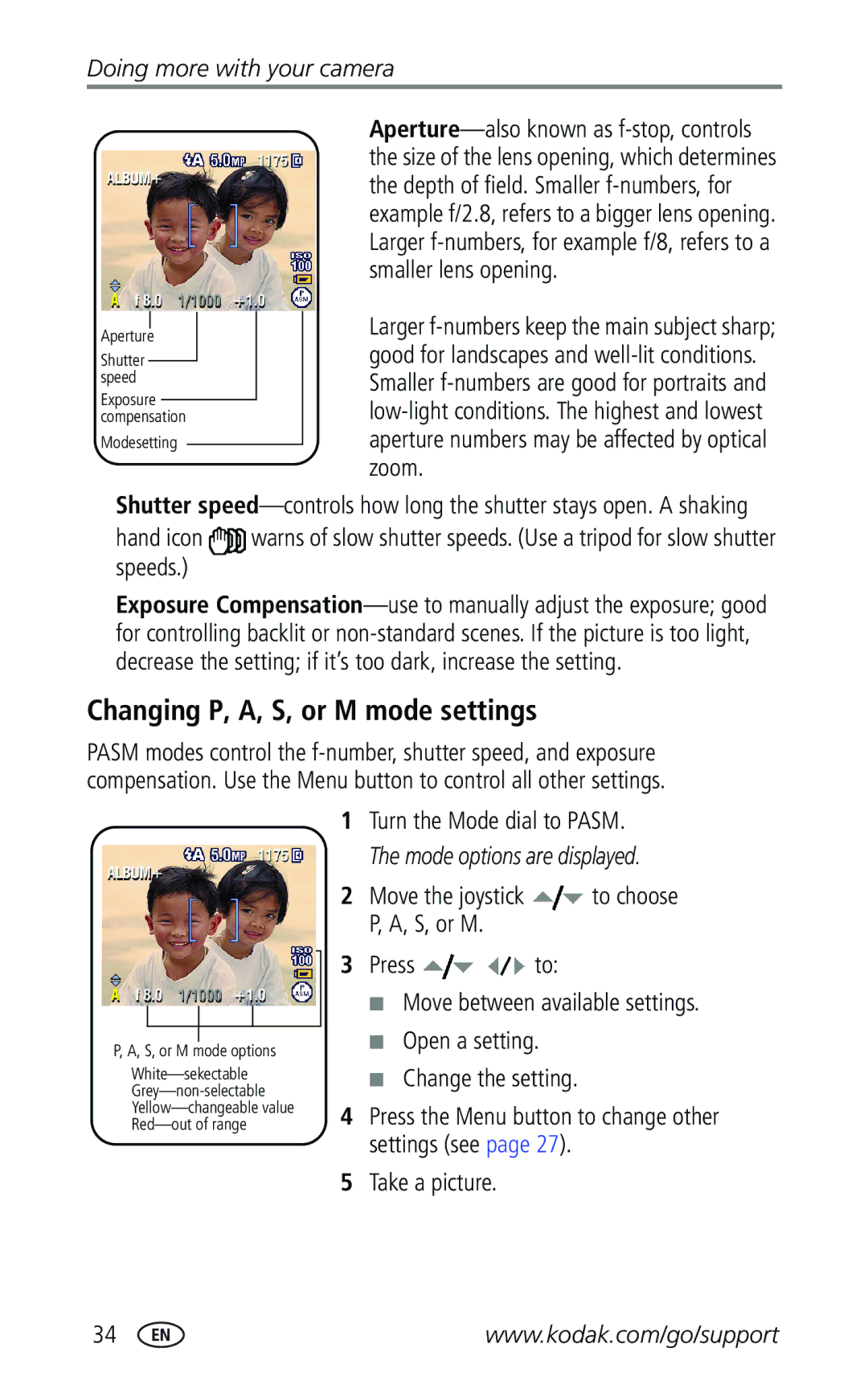 Kodak Z740 manual Changing P, A, S, or M mode settings, Take a picture 