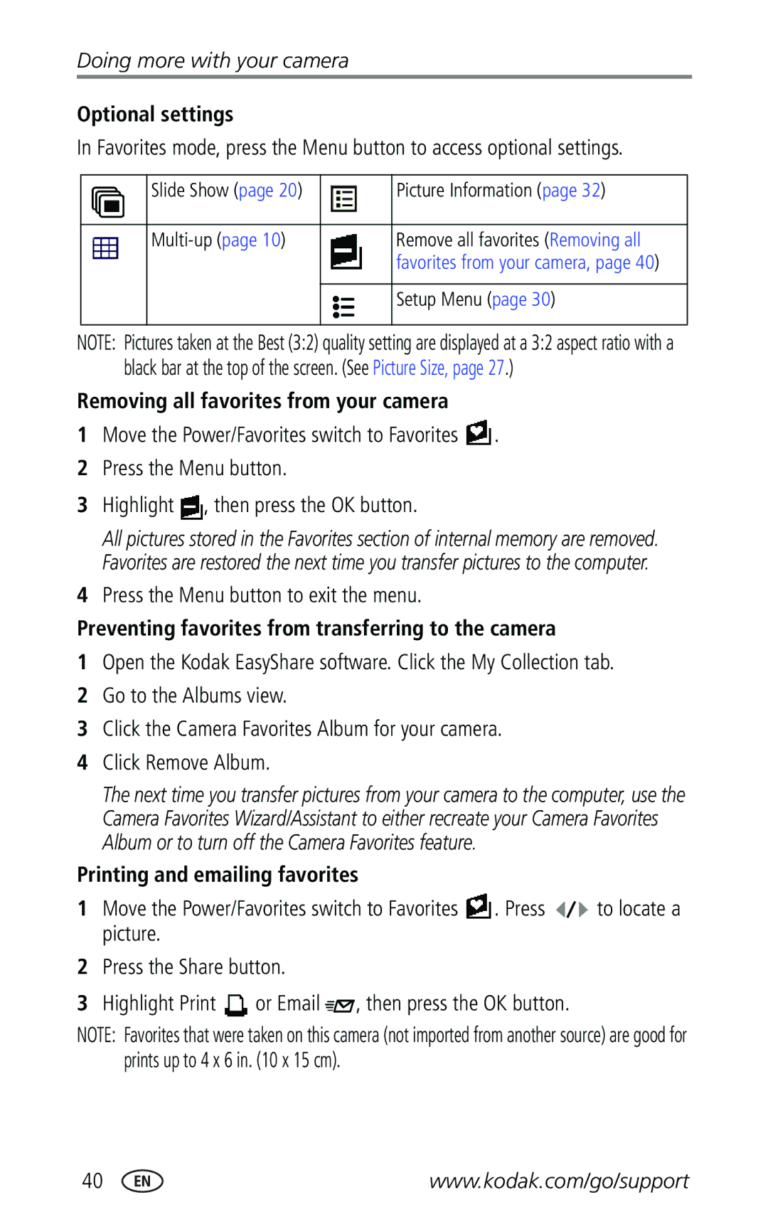 Kodak Z740 manual Optional settings, Removing all favorites from your camera, Printing and emailing favorites 