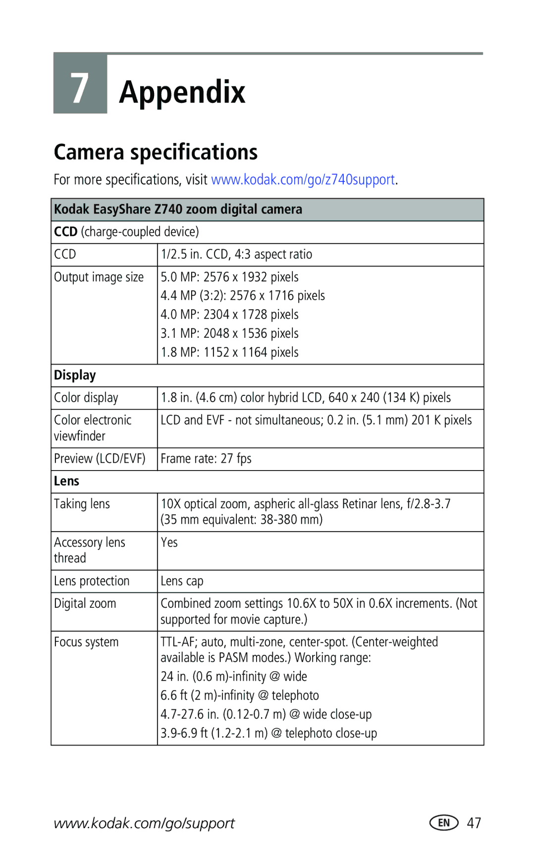 Kodak manual Camera specifications, Kodak EasyShare Z740 zoom digital camera, Display, Lens 