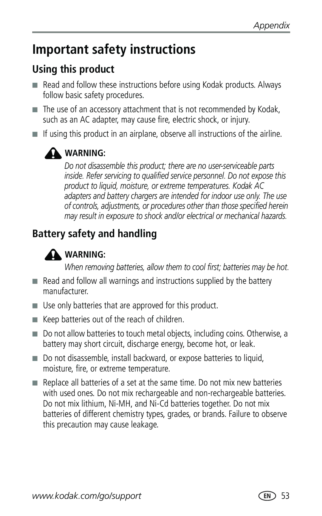 Kodak Z740 manual Important safety instructions, Using this product, Battery safety and handling 