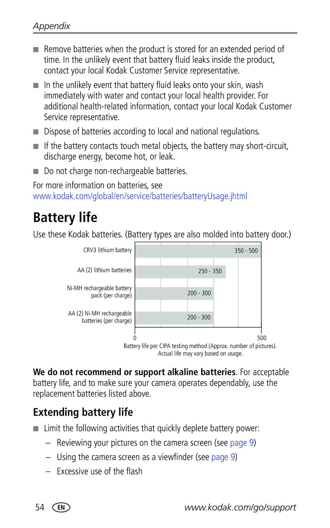 Kodak Z740 manual Battery life, Extending battery life 