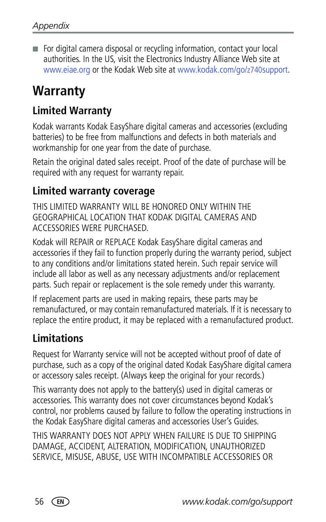 Kodak Z740 manual Limited Warranty, Limited warranty coverage, Limitations 