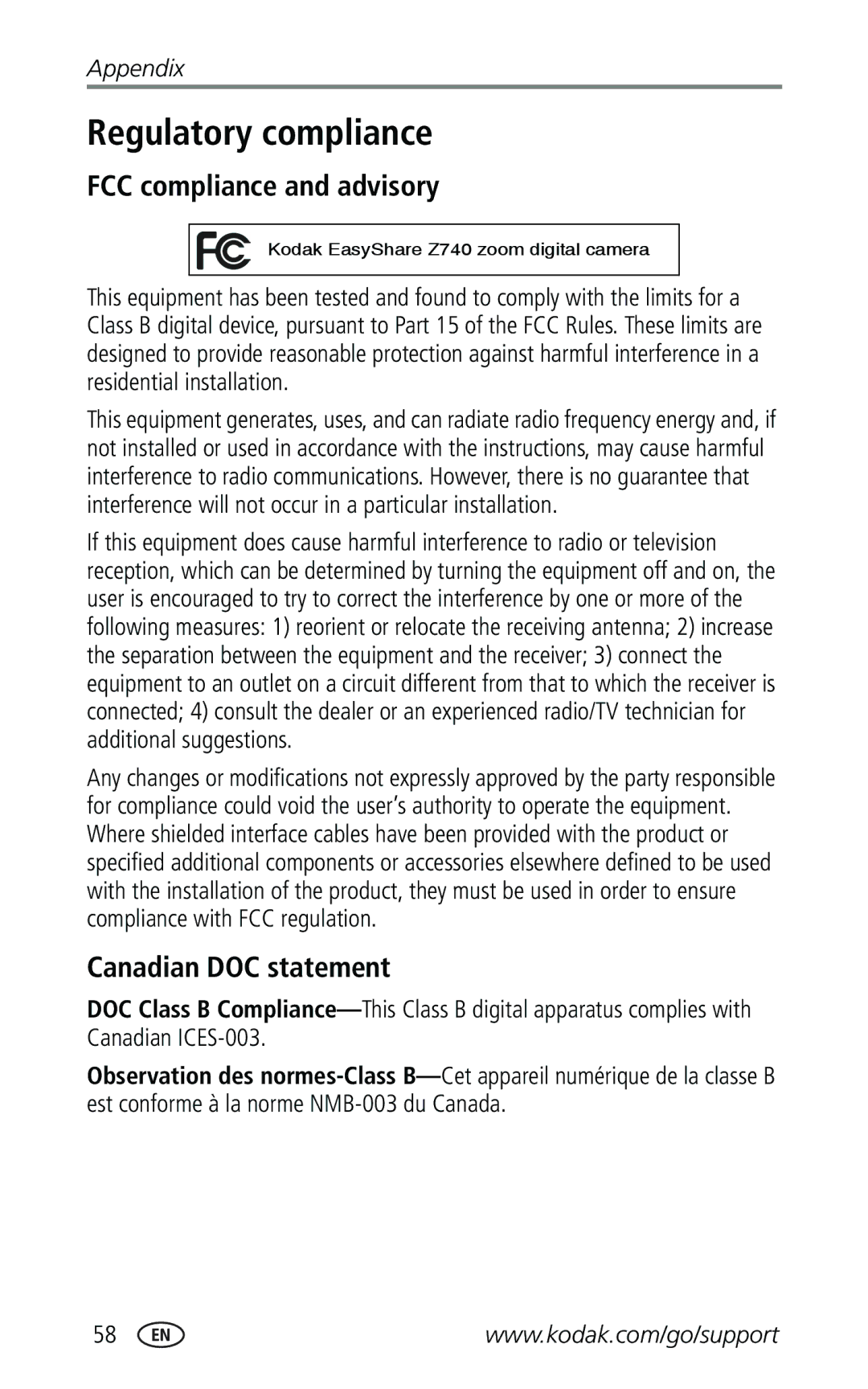 Kodak Z740 manual Regulatory compliance, FCC compliance and advisory, Canadian DOC statement 