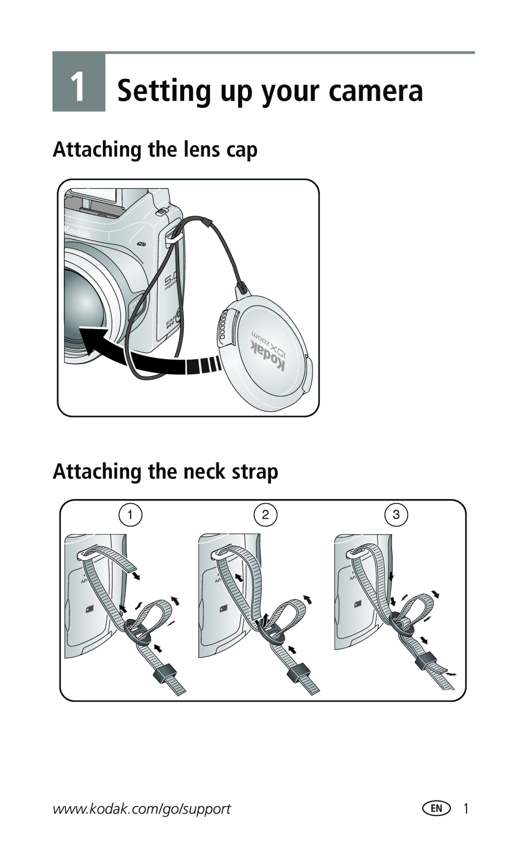 Kodak Z740 manual Setting up your camera, Attaching the lens cap Attaching the neck strap 