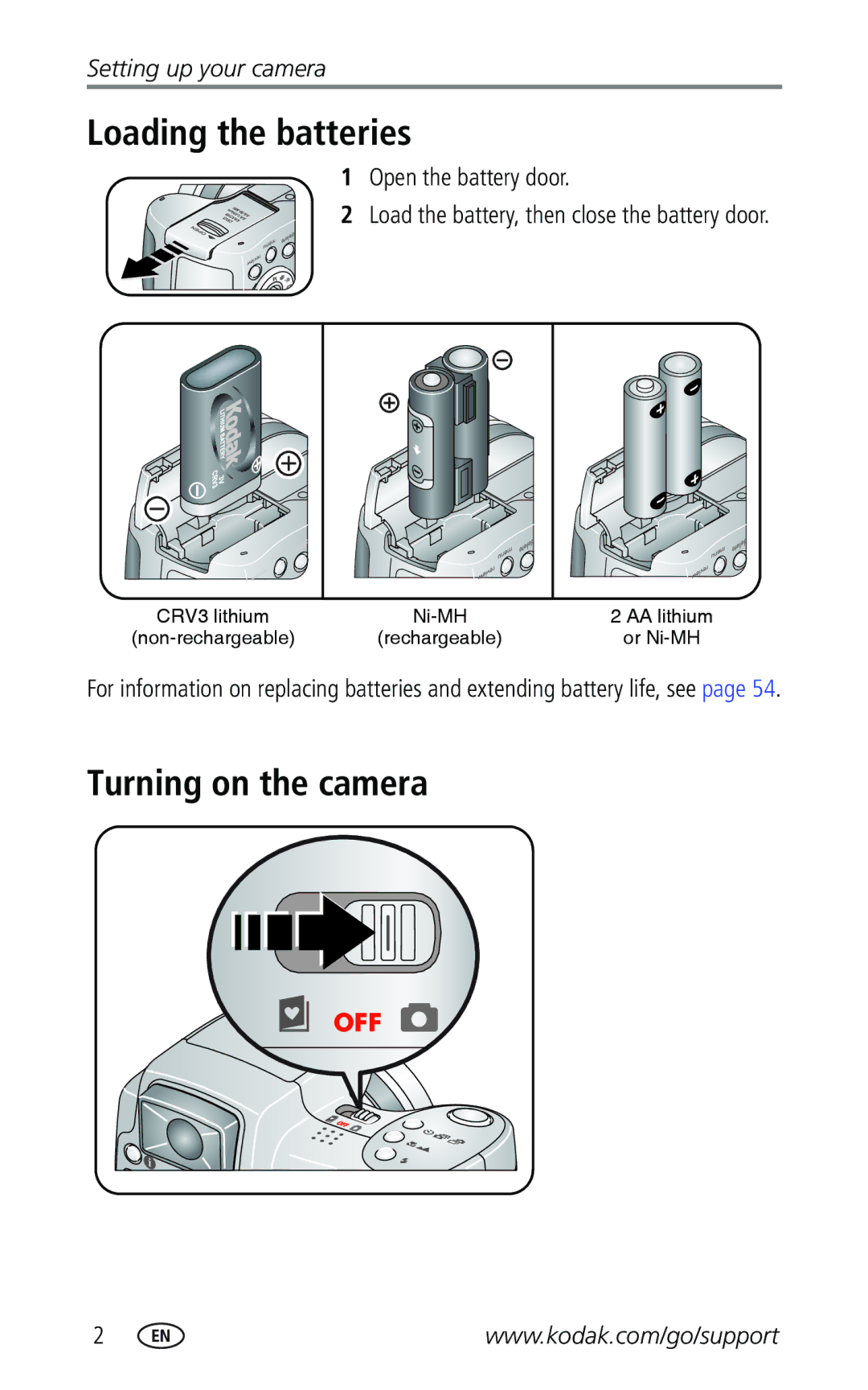 Kodak Z740 manual Loading the batteries, Turning on the camera, Open the battery door 