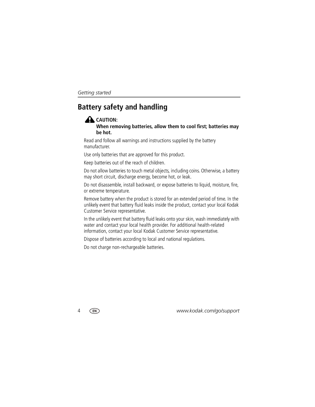 Kodak Z7590 manual Battery safety and handling 