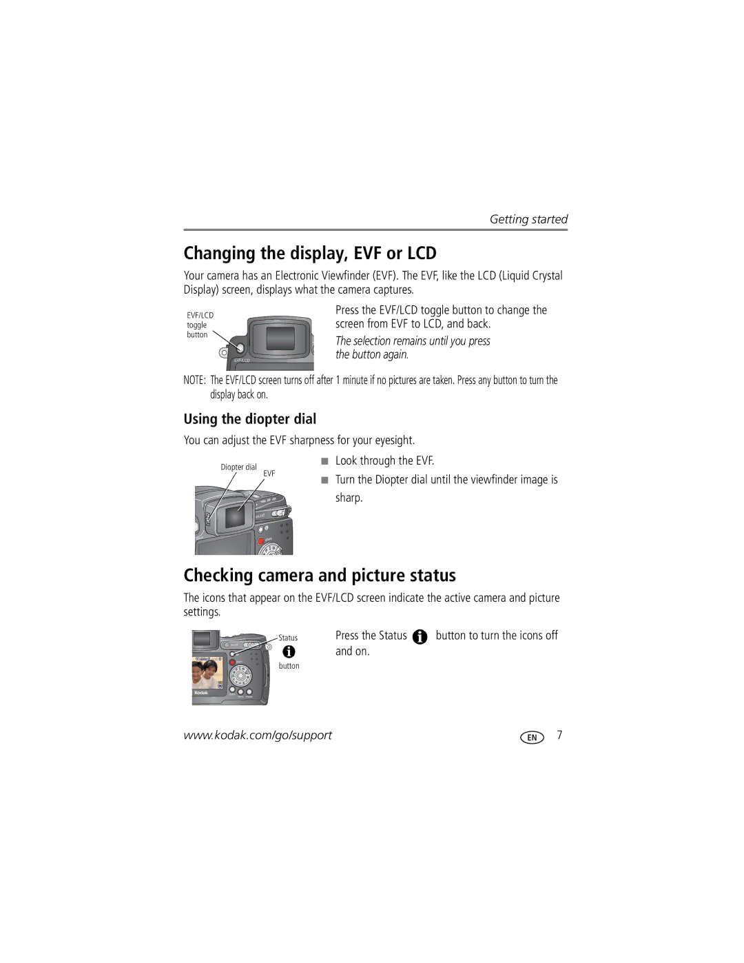 Kodak Z7590 manual Changing the display, EVF or LCD, Checking camera and picture status, Using the diopter dial 