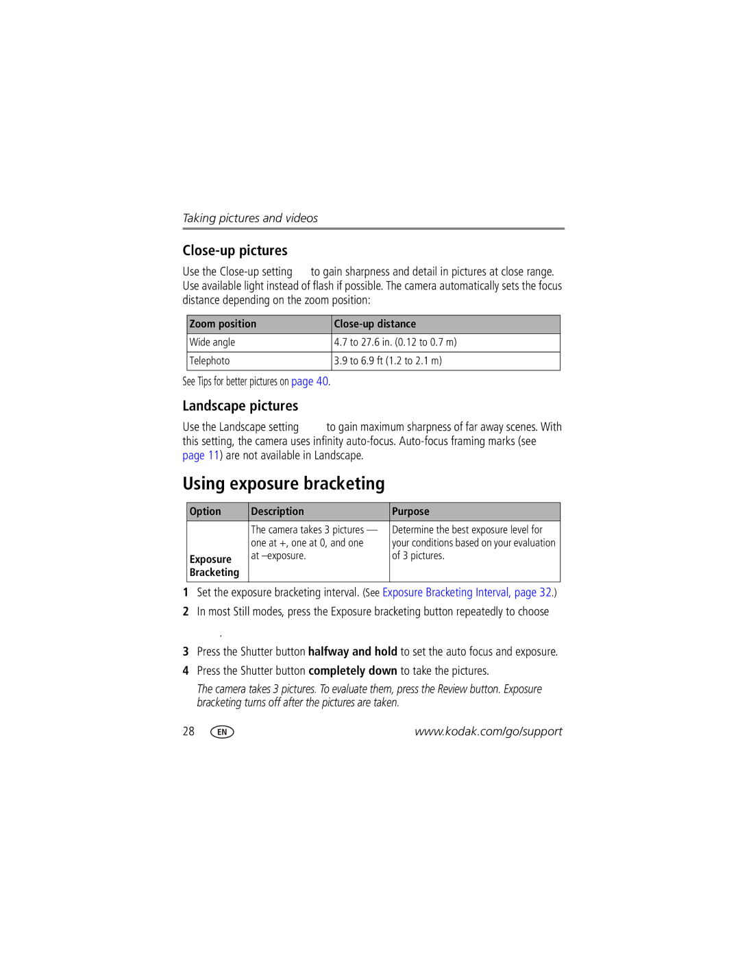 Kodak Z7590 manual Using exposure bracketing, Close-up pictures, Landscape pictures 