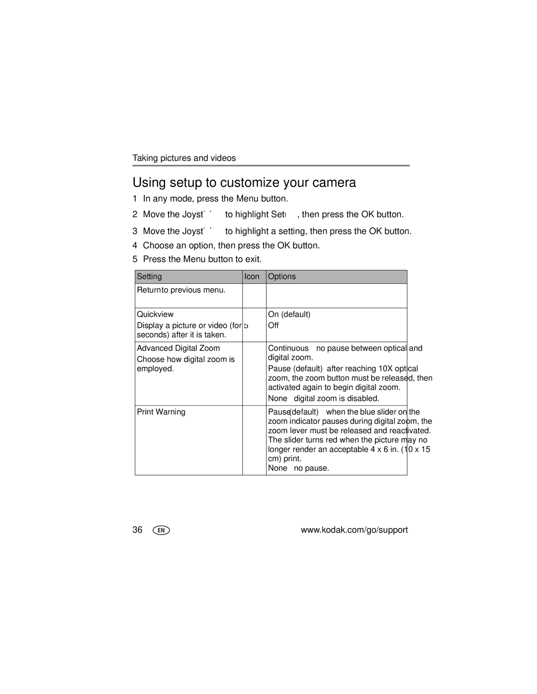 Kodak Z7590 manual Using setup to customize your camera, Any mode, press the Menu button 