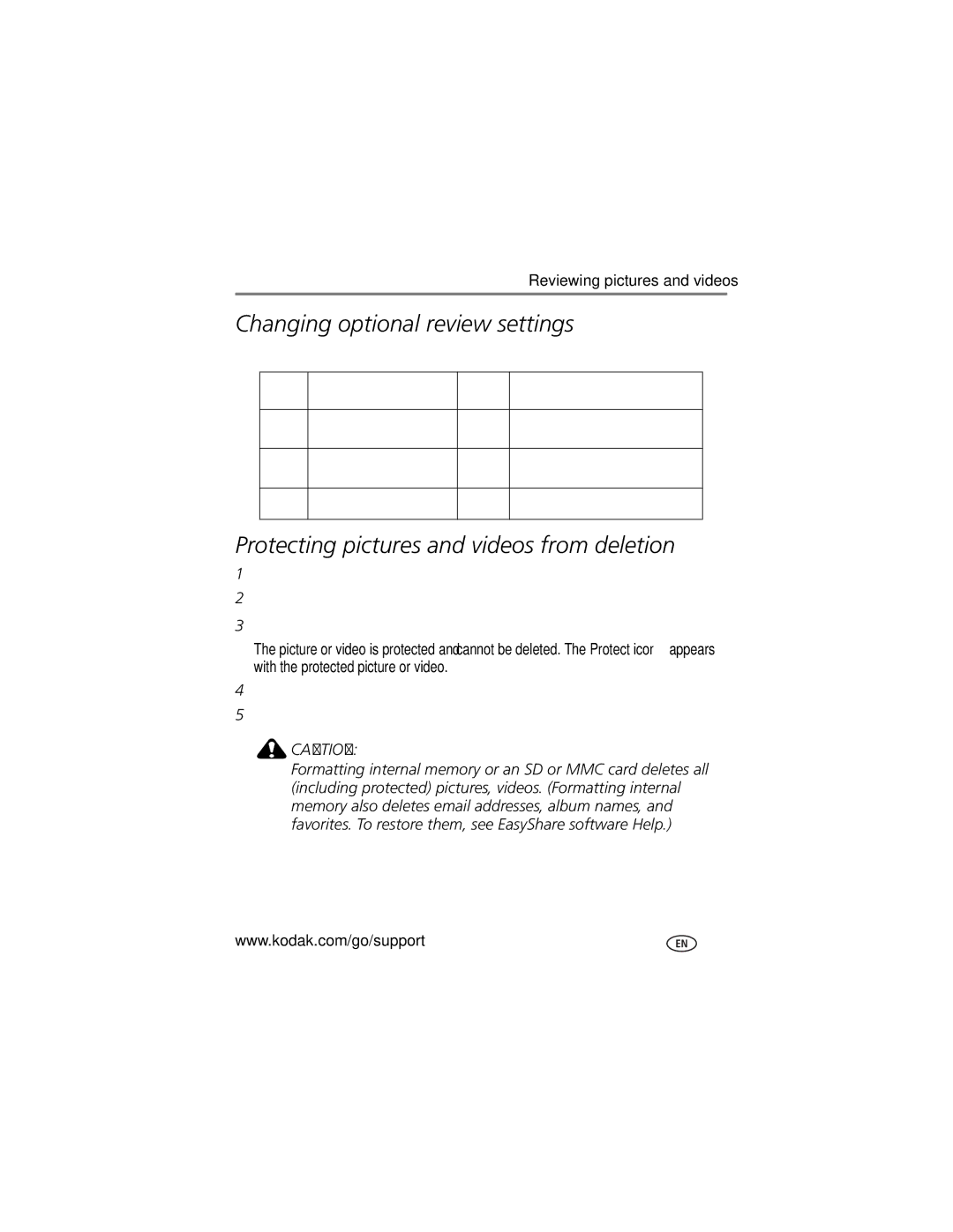 Kodak Z7590 manual Changing optional review settings, Protecting pictures and videos from deletion 