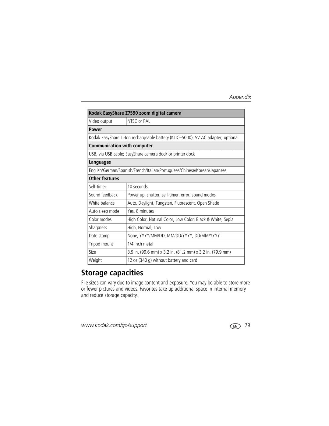 Kodak Z7590 manual Storage capacities, Power, Communication with computer, Languages, Other features 