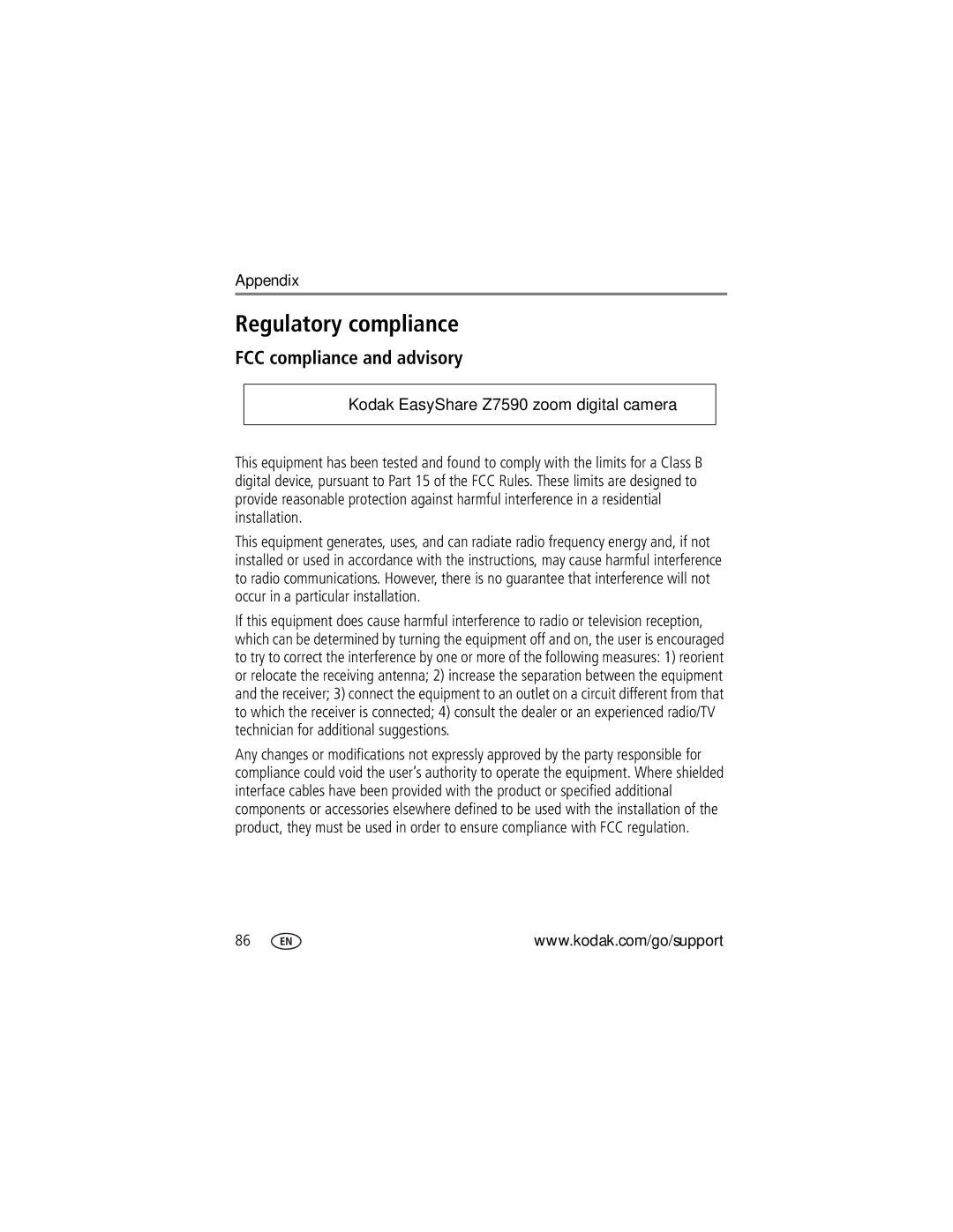 Kodak Z7590 manual Regulatory compliance, FCC compliance and advisory 