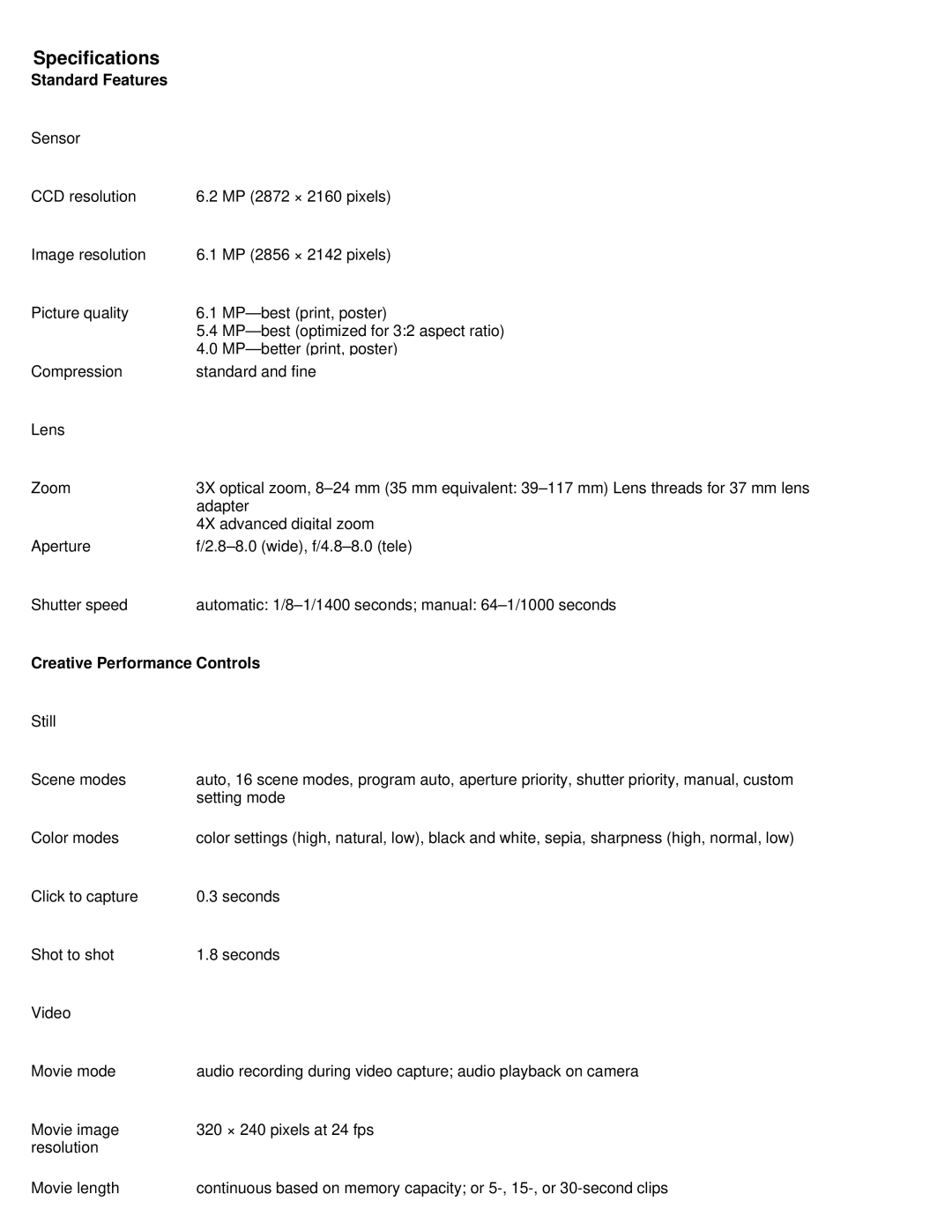 Kodak Z760 manual Standard Features, Creative Performance Controls 