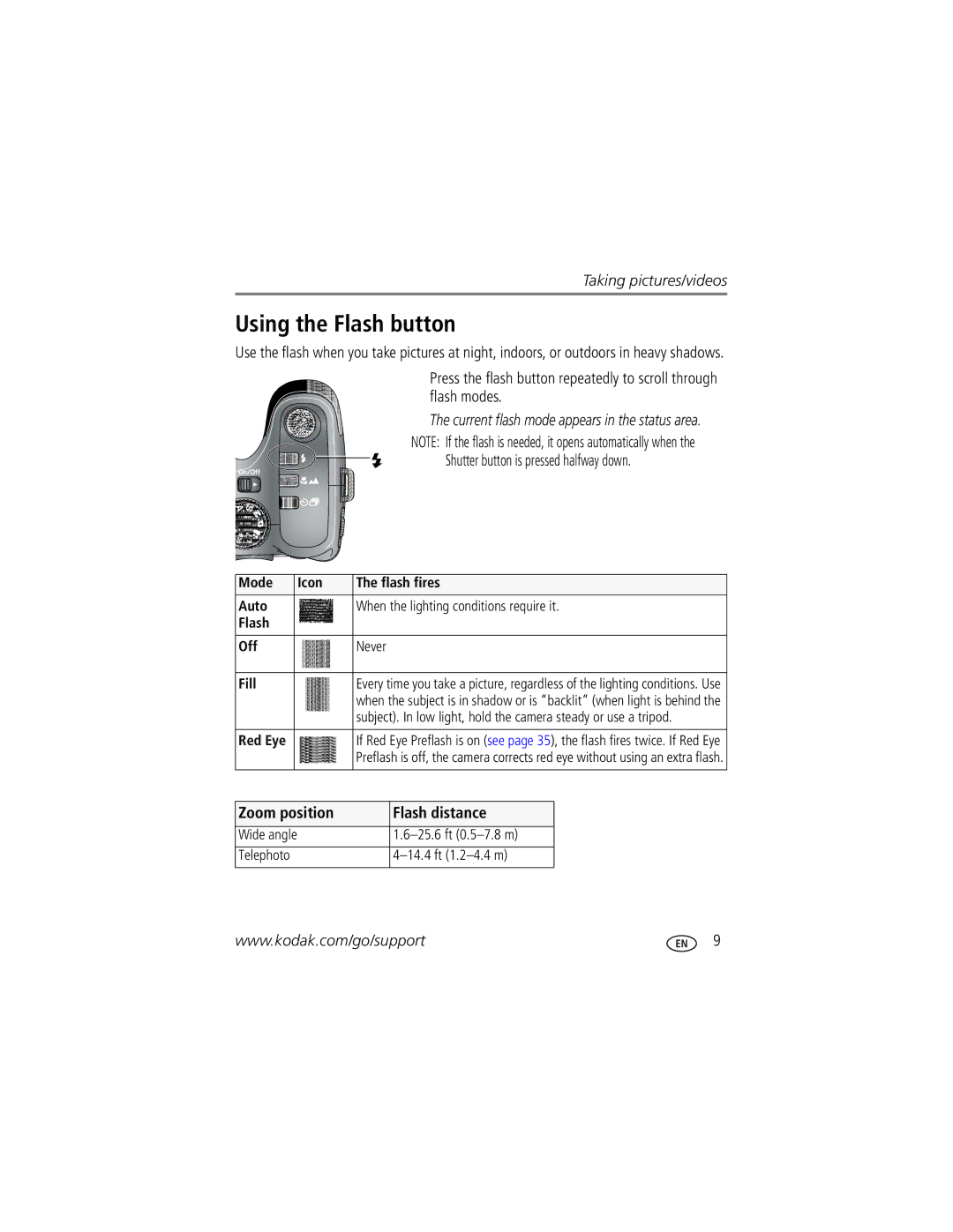 Kodak Z812 IS manual Using the Flash button, Shutter button is pressed halfway down, Zoom position Flash distance, Red Eye 