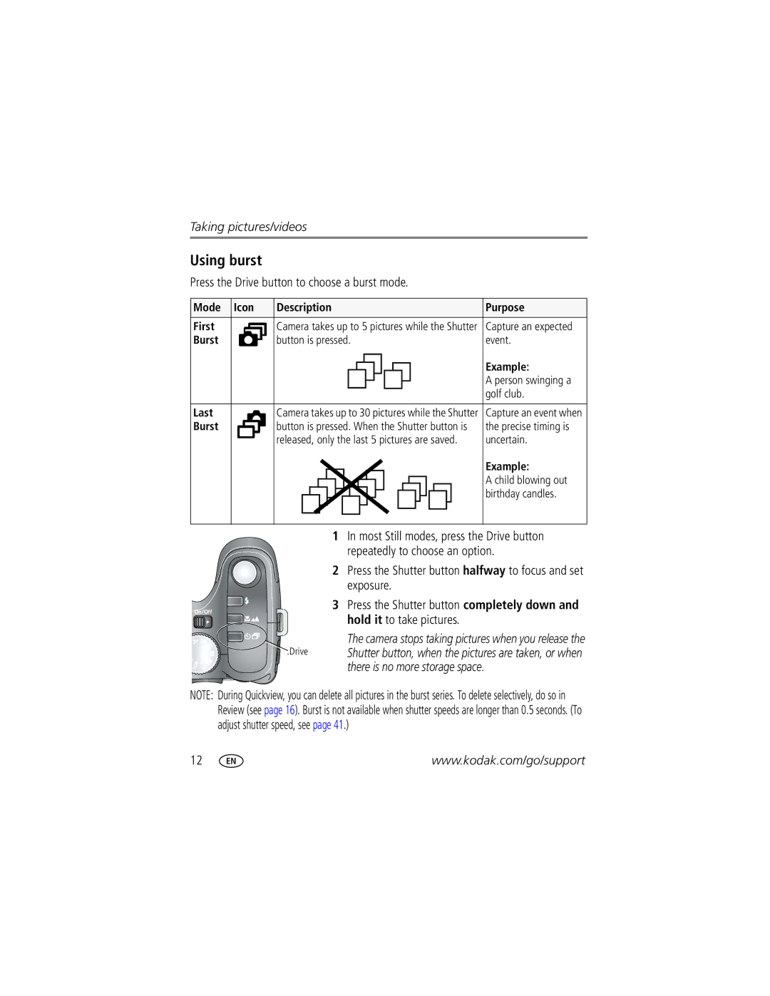 Kodak Z812 IS manual Using burst, Press the Drive button to choose a burst mode 