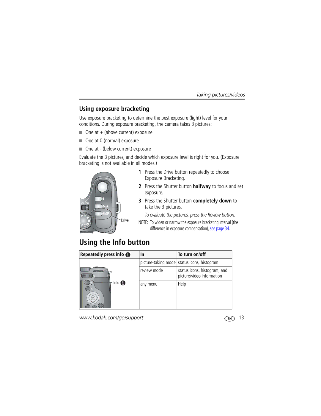 Kodak Z812 IS manual Using the Info button, Using exposure bracketing, Repeatedly press info To turn on/off 