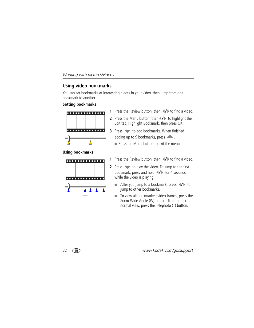 Kodak Z812 IS manual Using video bookmarks, Setting bookmarks, Using bookmarks 