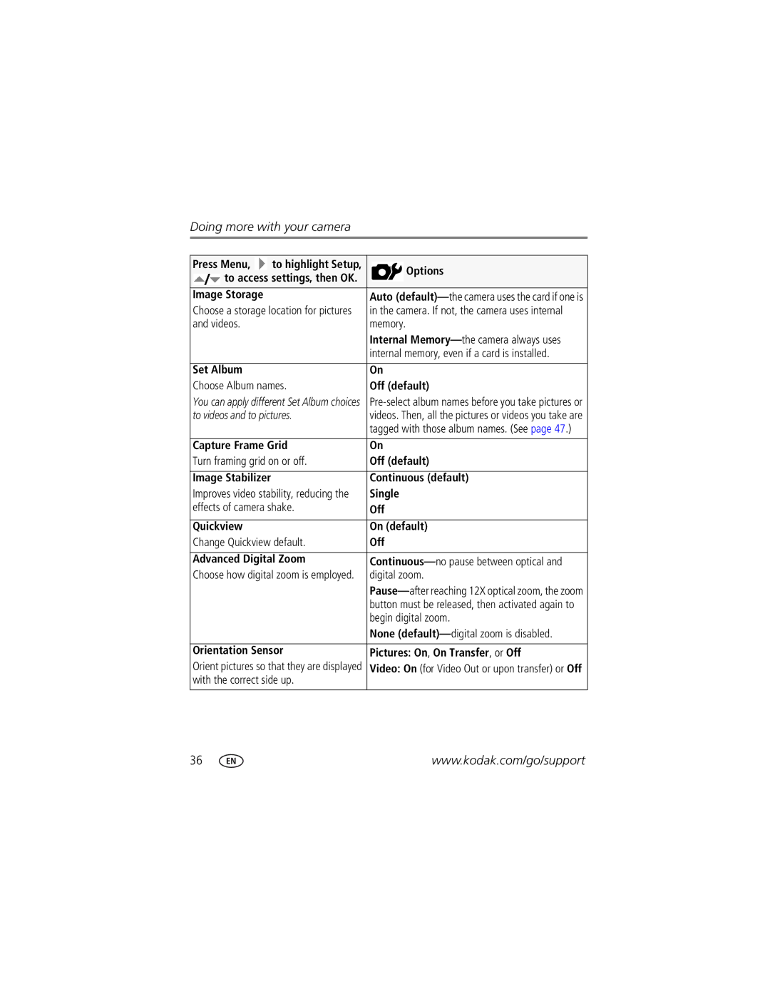 Kodak Z812 IS manual Image Storage, Videos Memory, Set Album Choose Album names Off default, Continuous default, Single 