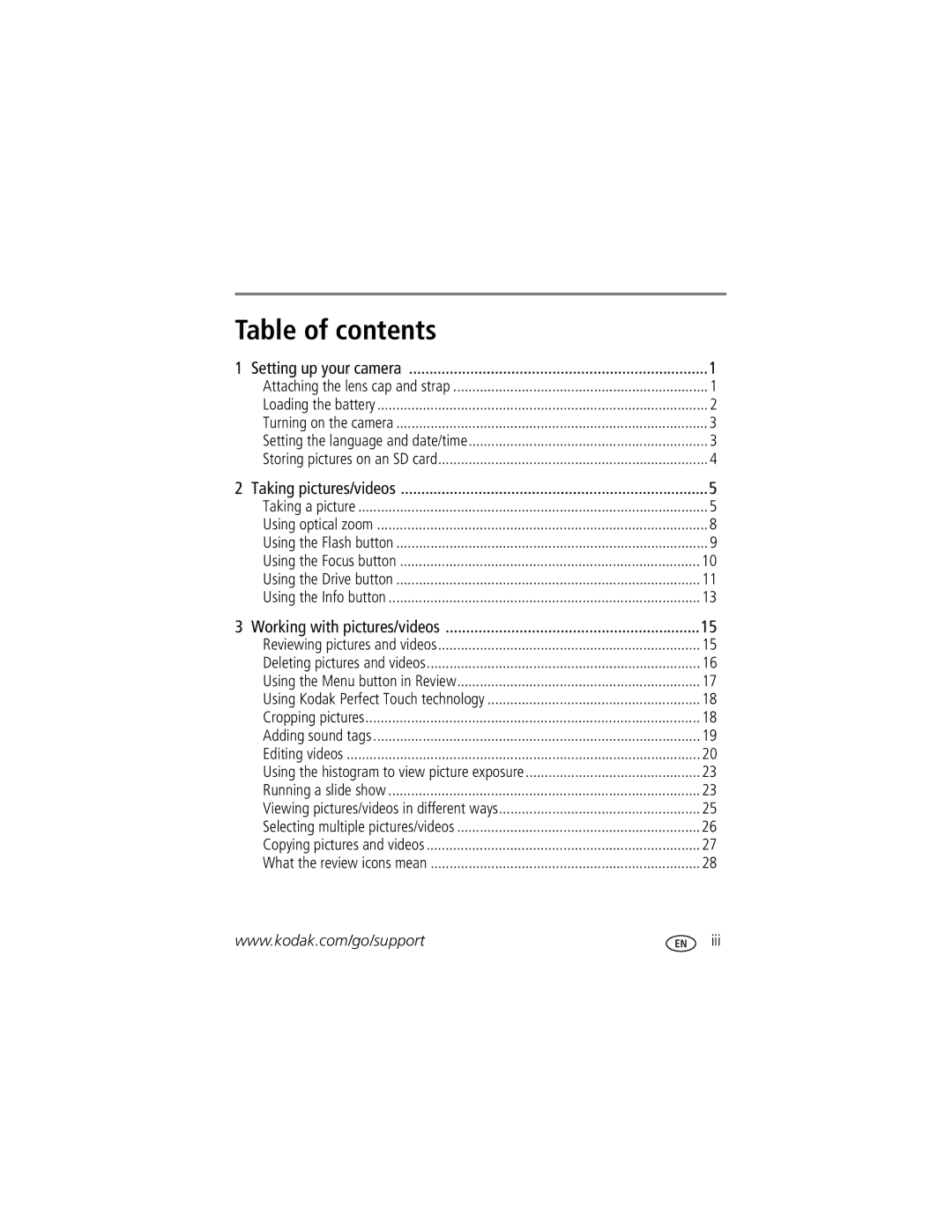 Kodak Z812 IS manual Table of contents 