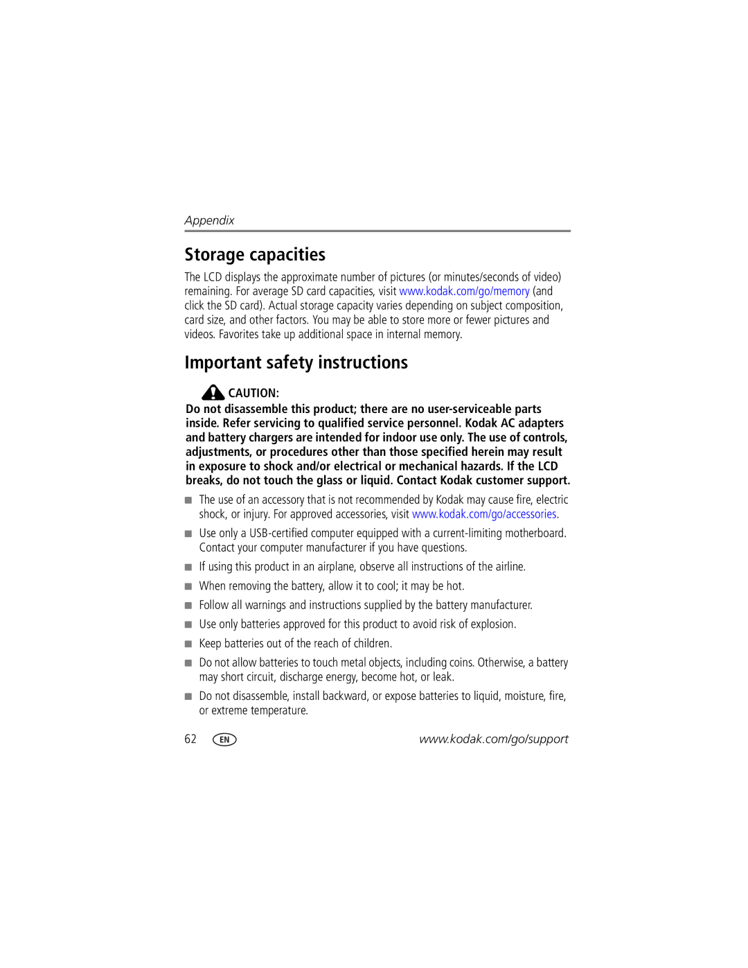 Kodak Z812 IS Storage capacities Important safety instructions, When removing the battery, allow it to cool it may be hot 