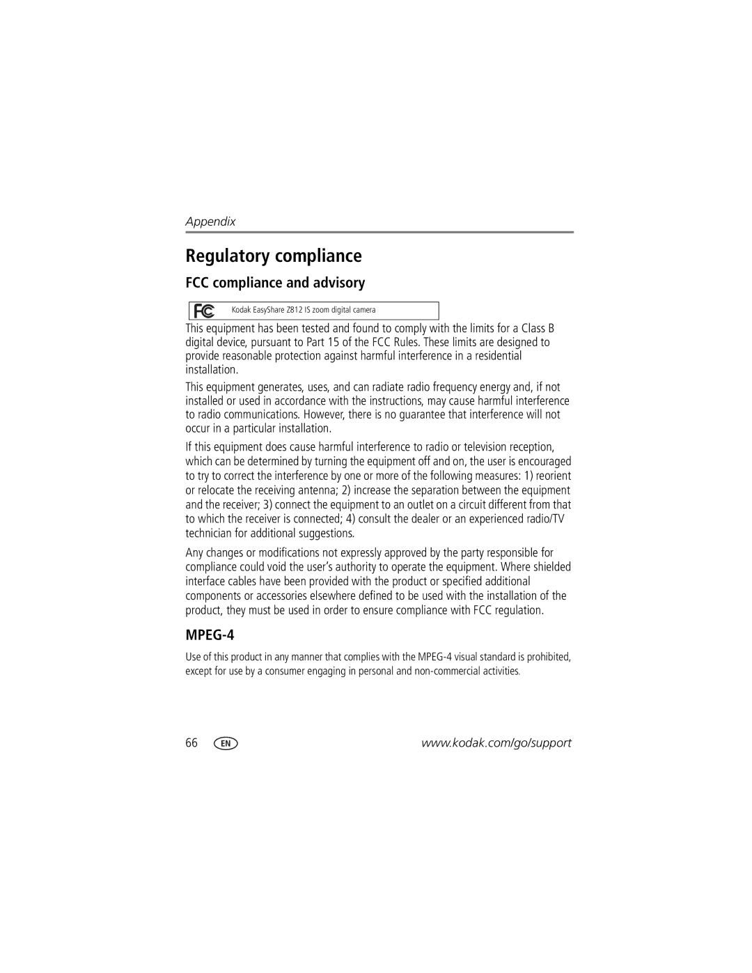 Kodak Z812 IS manual Regulatory compliance, FCC compliance and advisory 