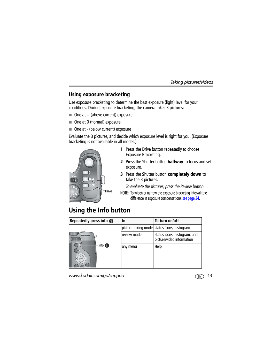 Kodak Z812 IS manual Using the Info button, Using exposure bracketing 