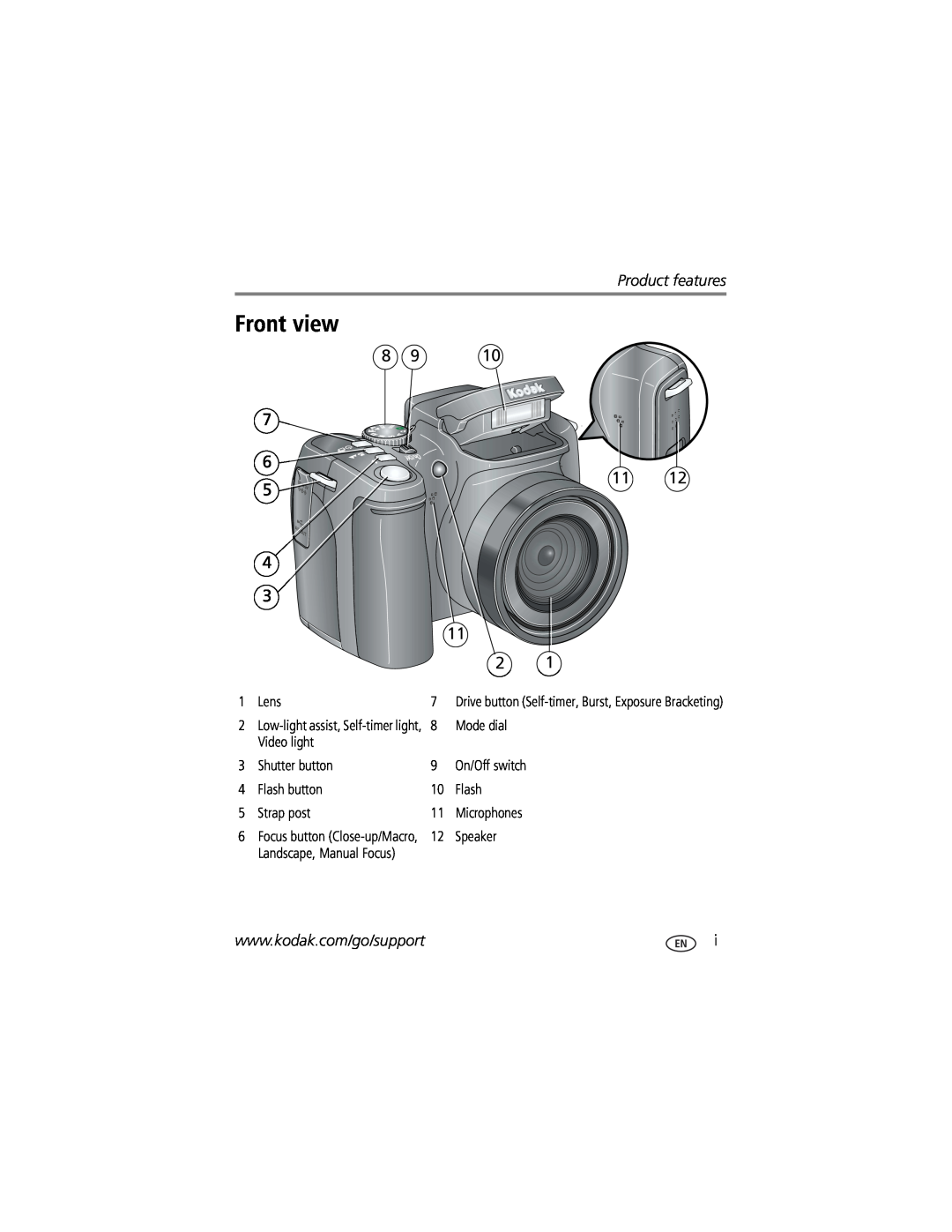 Kodak Z812 IS manual Front view, Product features, Lens, Mode dial, Video light, Shutter button, Flash button, Strap post 