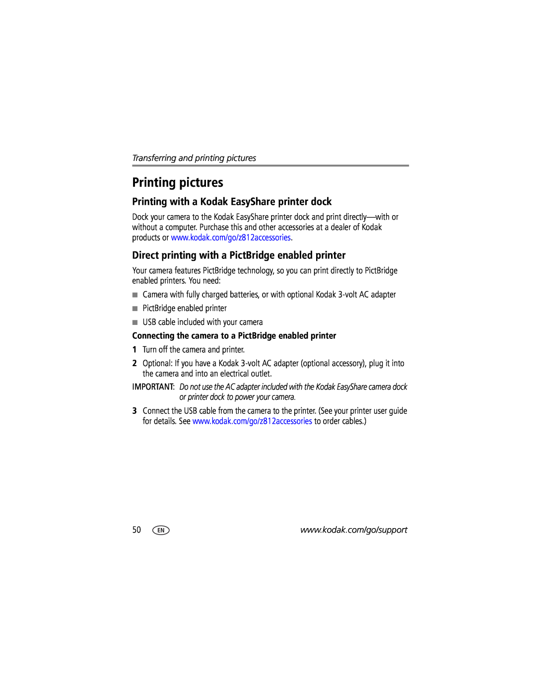 Kodak Z812 IS manual Printing pictures, Printing with a Kodak EasyShare printer dock 