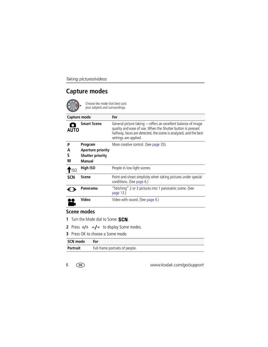 Kodak Z8612 IS manual Capture modes, Scene modes 