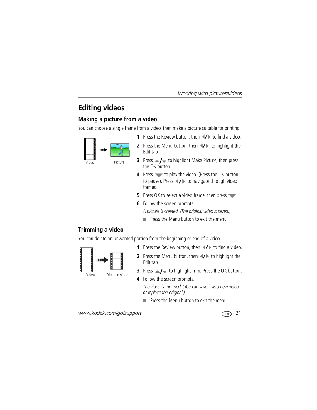 Kodak Z8612 IS manual Editing videos, Making a picture from a video, Trimming a video 