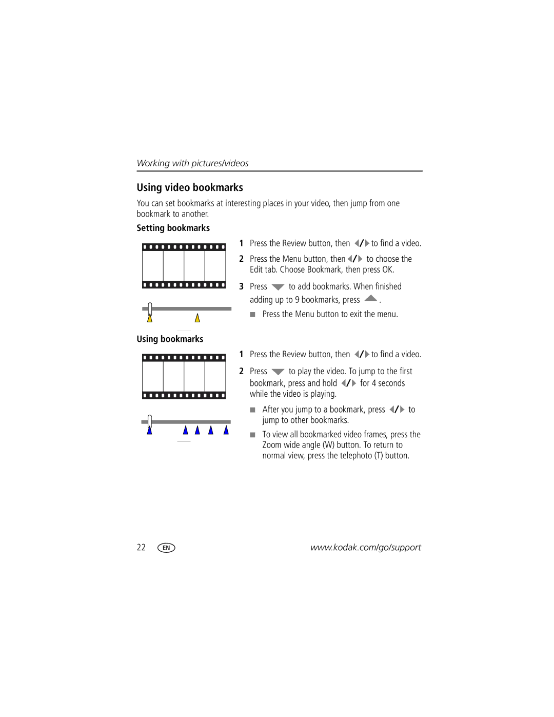 Kodak Z8612 IS manual Using video bookmarks, Setting bookmarks, Using bookmarks 