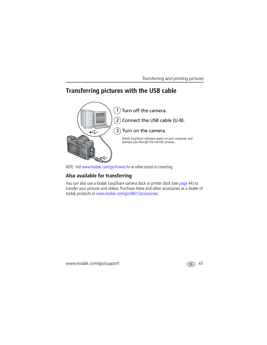 Kodak Z8612 IS manual Transferring pictures with the USB cable, Also available for transferring 