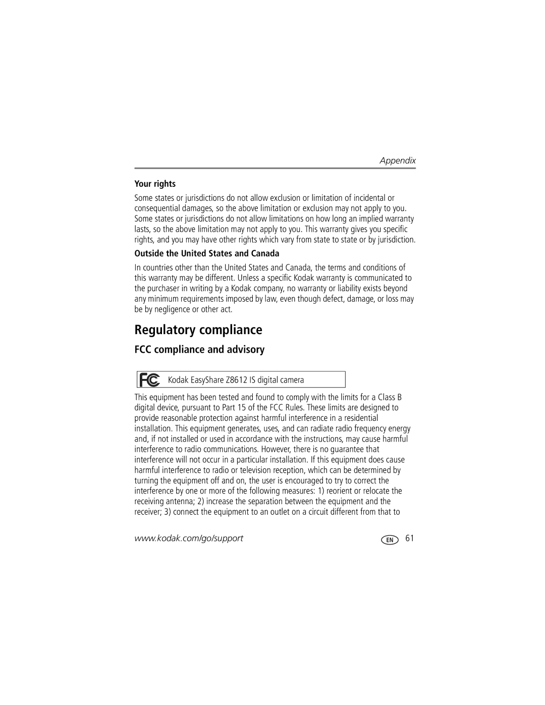 Kodak Z8612 IS manual Regulatory compliance, FCC compliance and advisory, Your rights, Outside the United States and Canada 