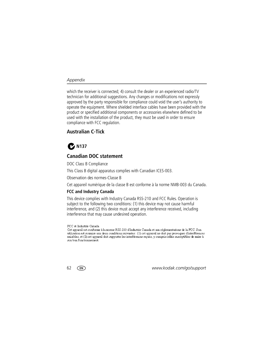 Kodak Z8612 IS manual Australian C-Tick, Canadian DOC statement, N137, FCC and Industry Canada 