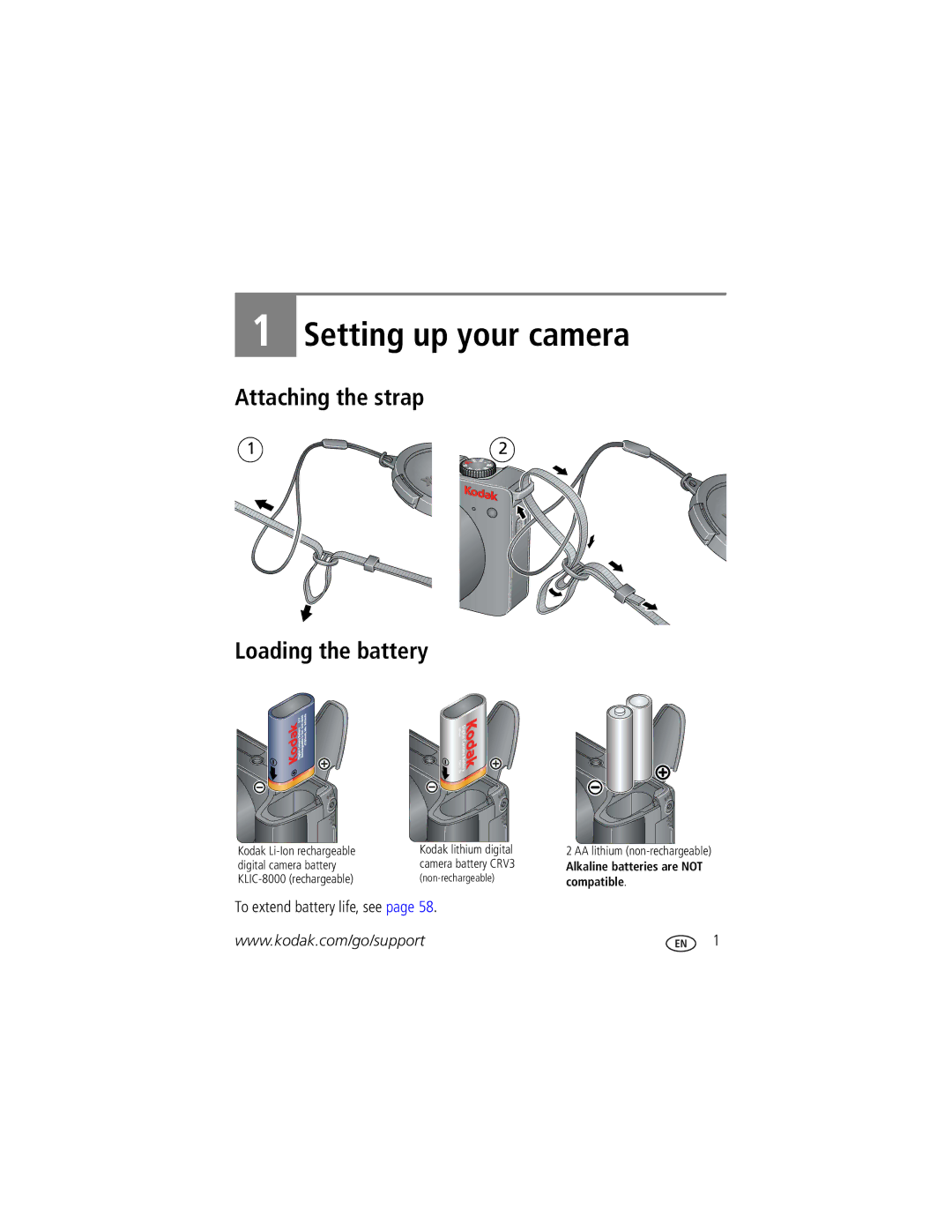 Kodak Z8612 IS manual Attaching the strap Loading the battery, To extend battery life, see 