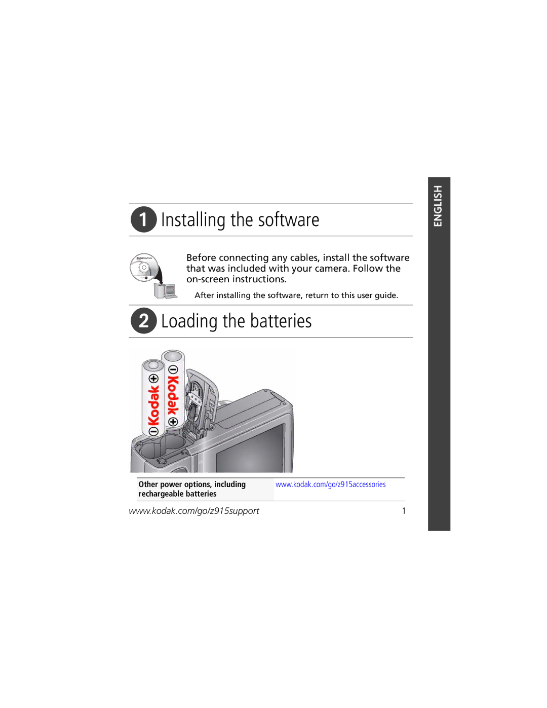 Kodak Z915 manual Installing the software, Loading the batteries 