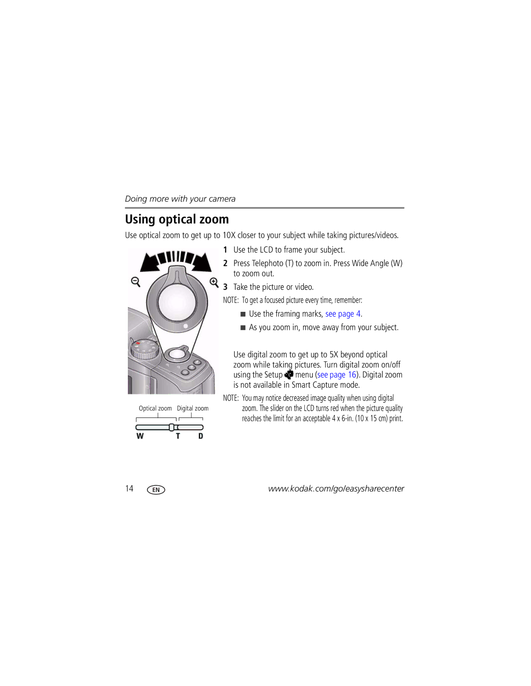 Kodak Z915 manual Using optical zoom, Is not available in Smart Capture mode 