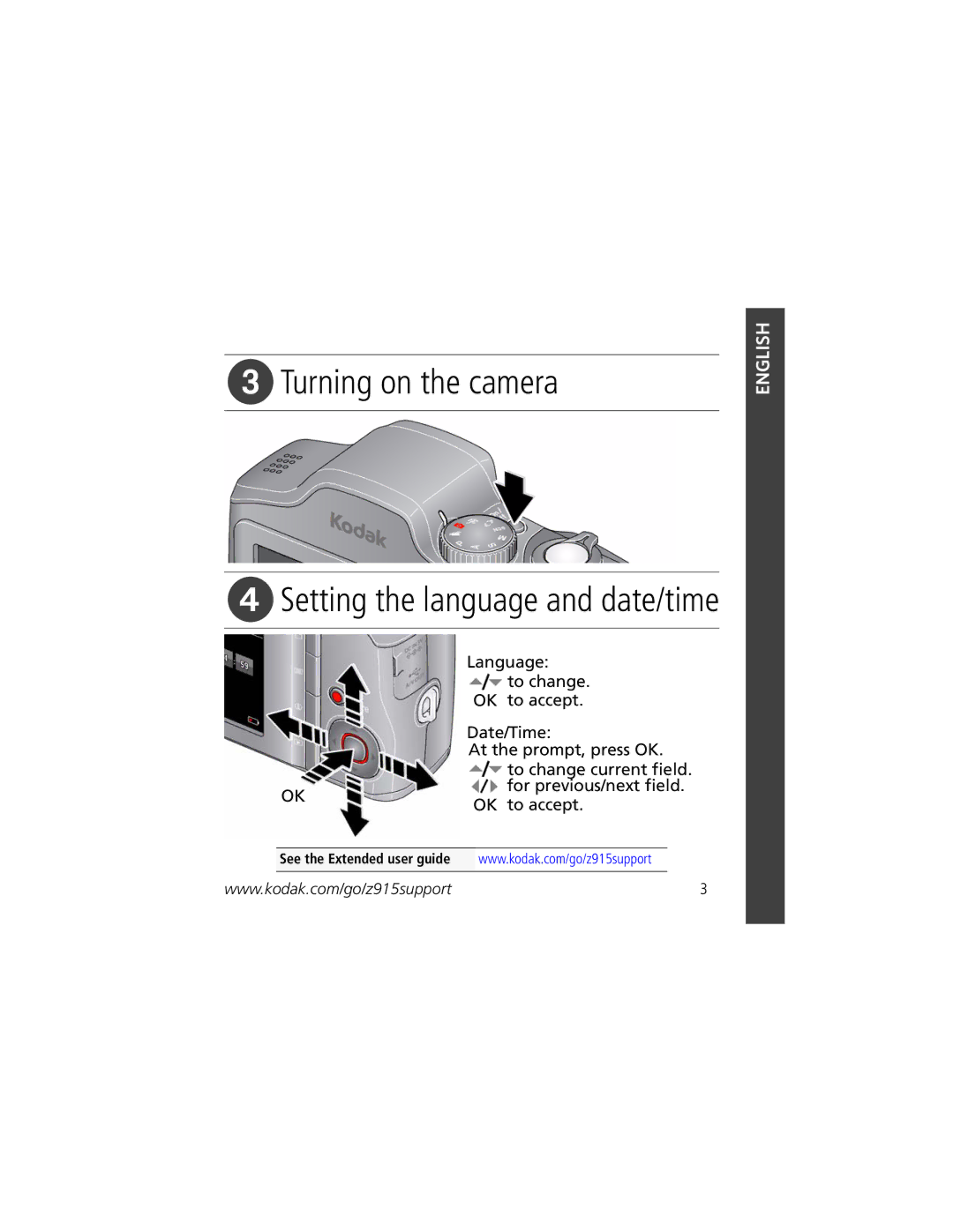 Kodak Z915 manual Turning on the camera, Setting the language and date/time 