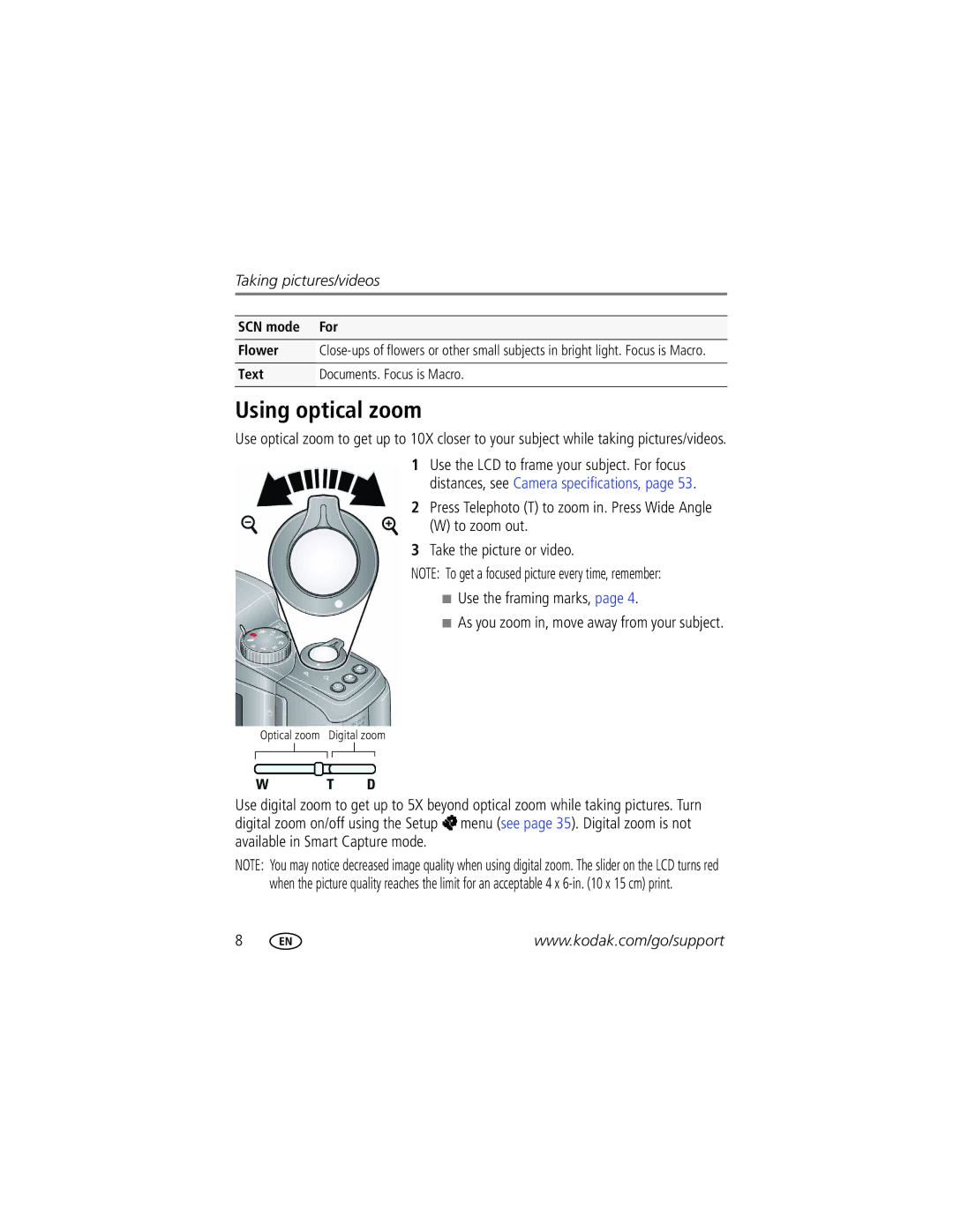 Kodak Z915 Using optical zoom, SCN mode For, Text Documents. Focus is Macro, As you zoom in, move away from your subject 